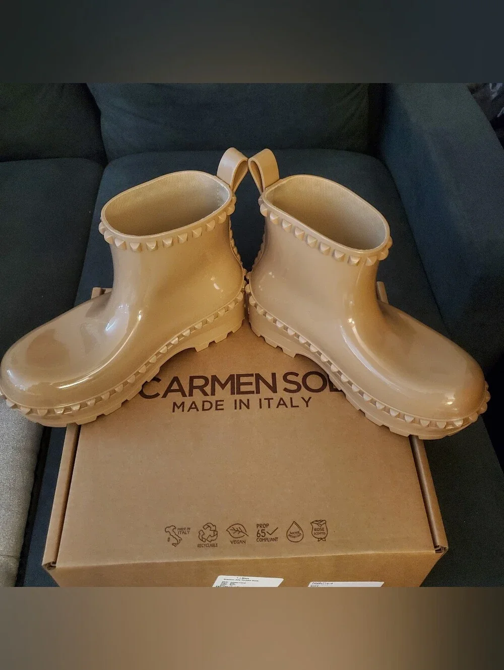 Carmen Sol Graziano Beige Studded Rain Ankle Boots